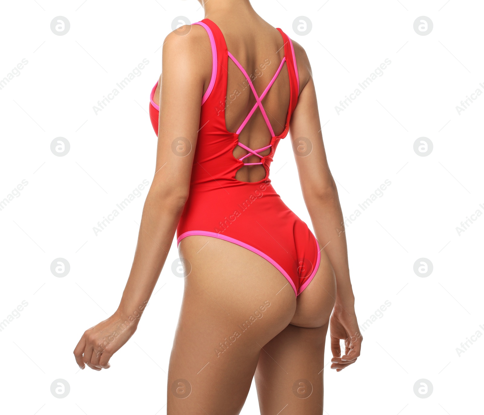 Photo of Sexy young woman in stylish swimsuit isolated on white, closeup. Beach body goal