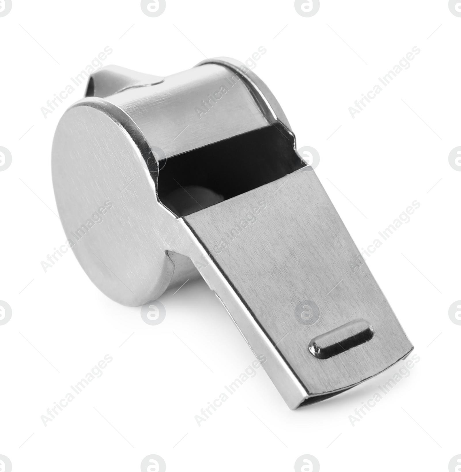 Photo of One metal whistle isolated on white. Sport equipment