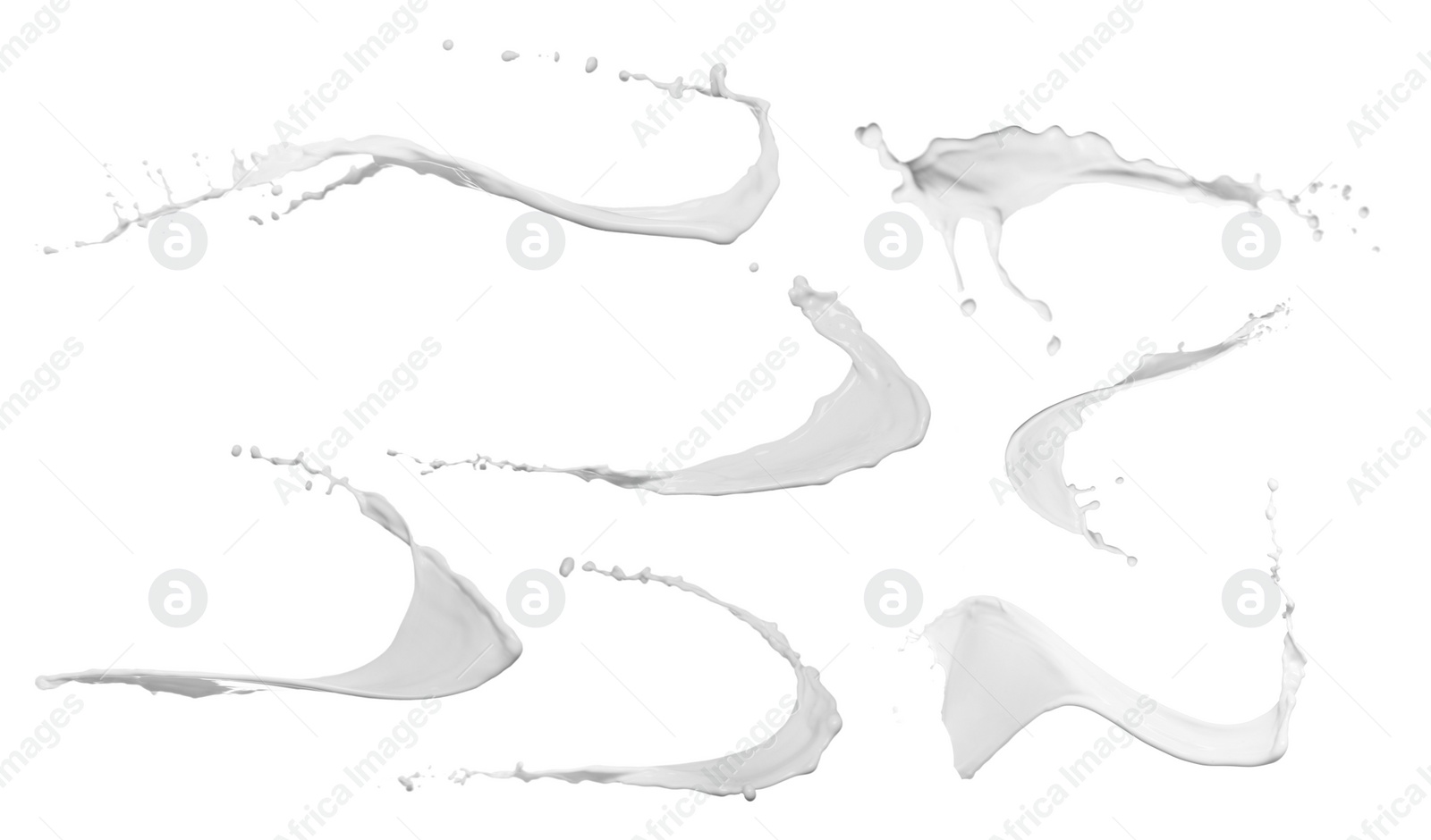 Image of Set with abstract splashes of milk on white background 