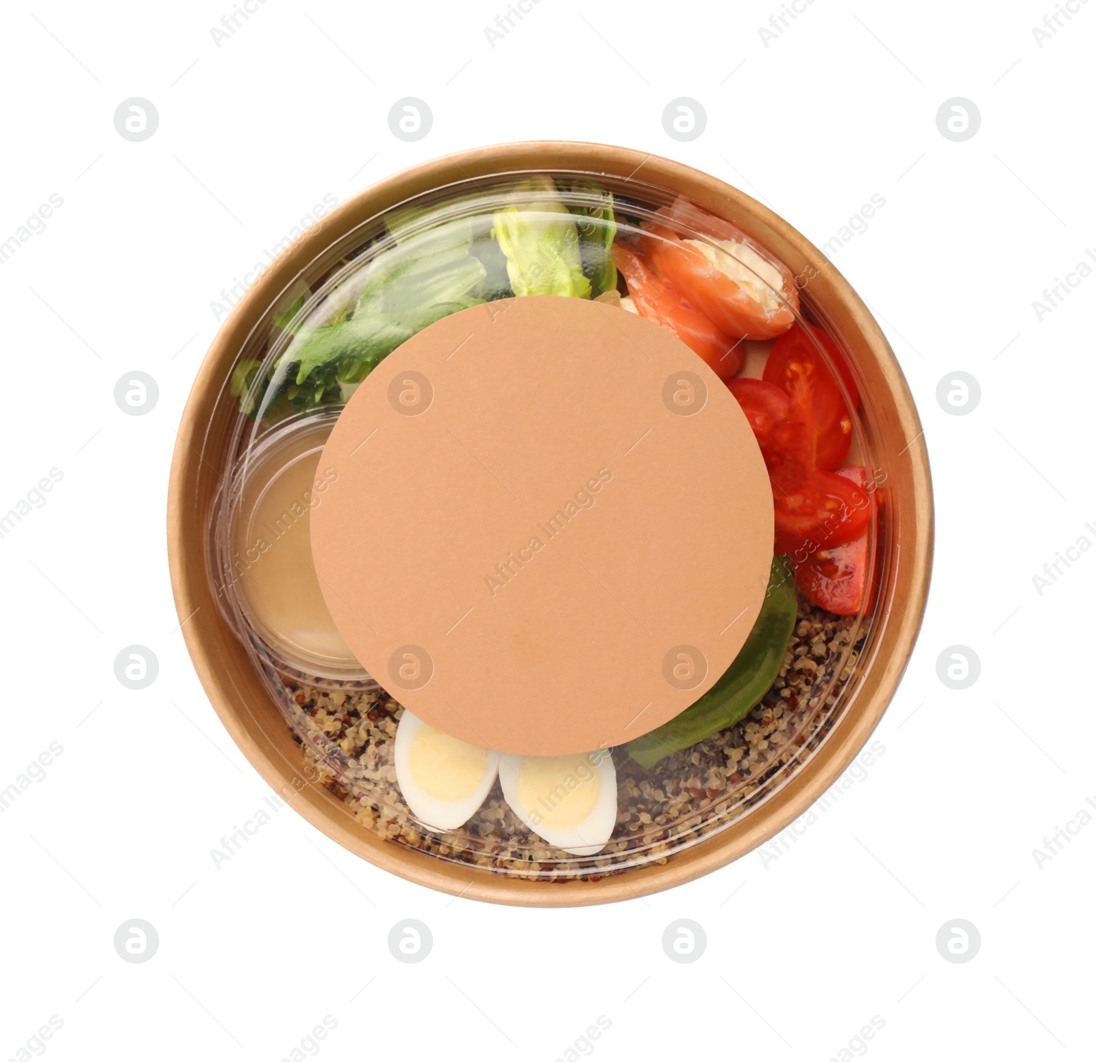 Photo of Tasty food in container isolated on white, top view