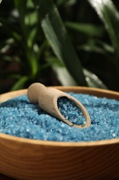 Bowl of blue sea salt with scoop on table, closeup. Space for text