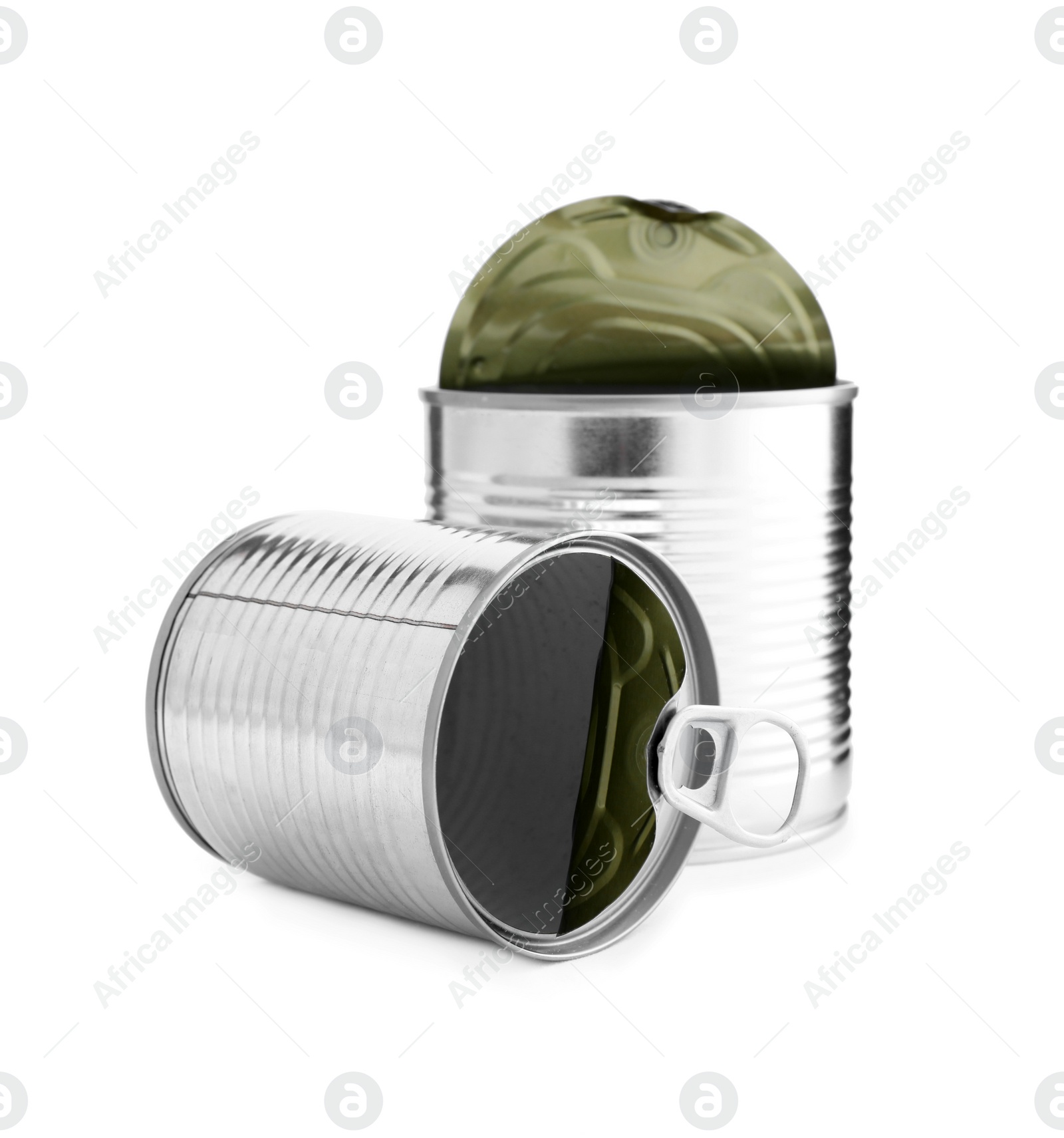 Photo of Open tin cans of food on white background