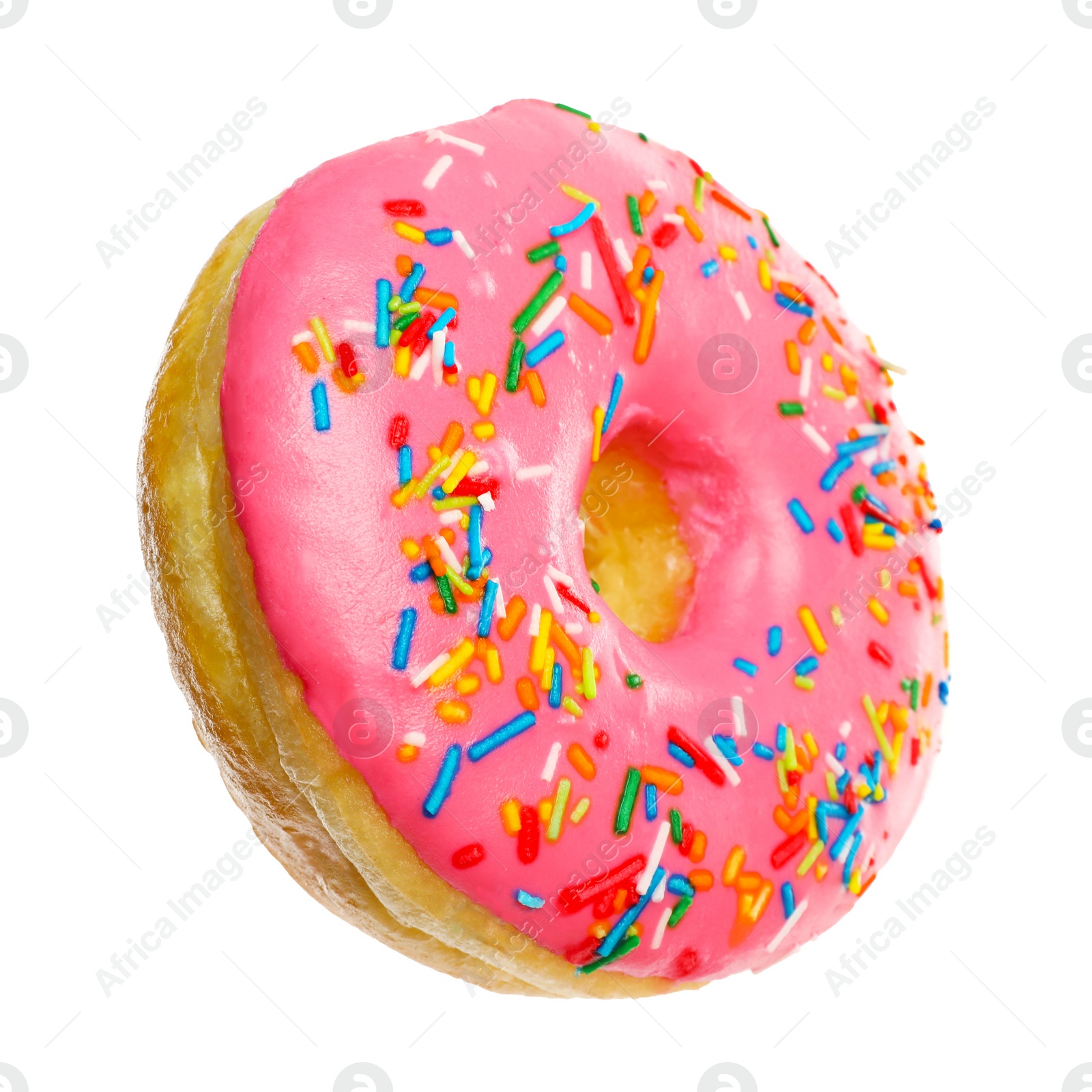 Photo of Sweet tasty glazed donut decorated with sprinkles isolated on white