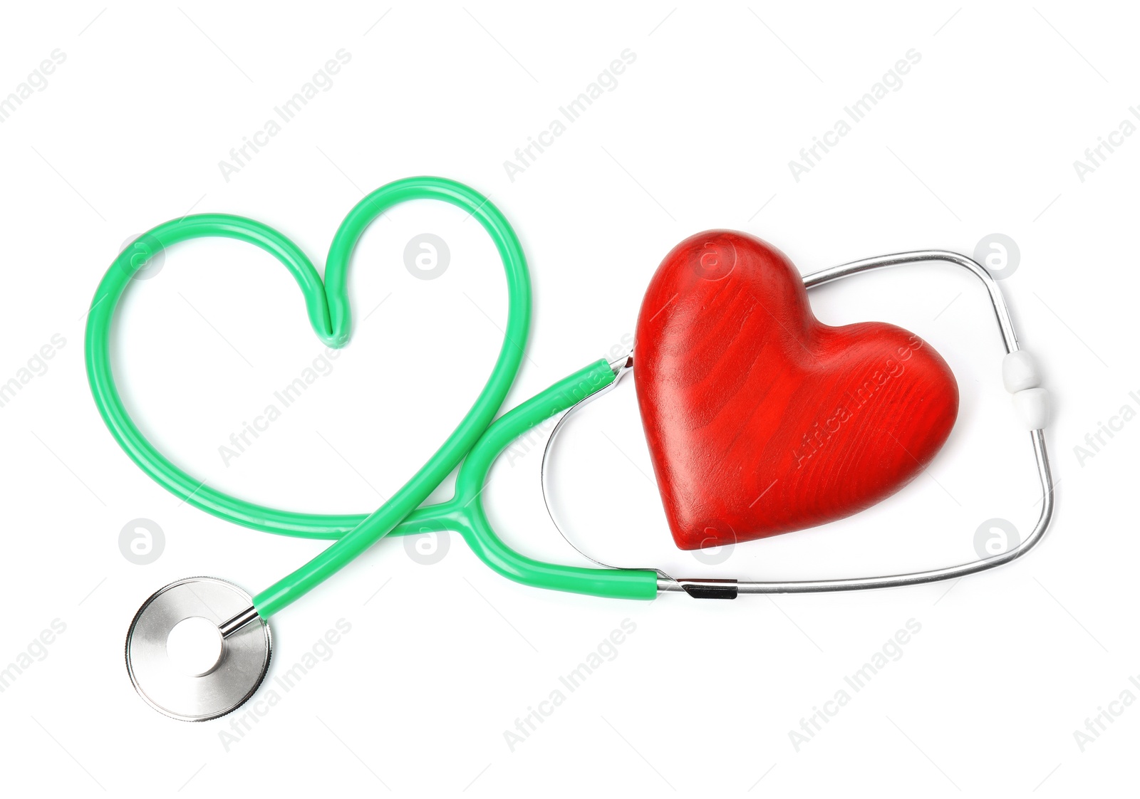 Photo of Red heart and stethoscope on white background, top view. Cardiology concept