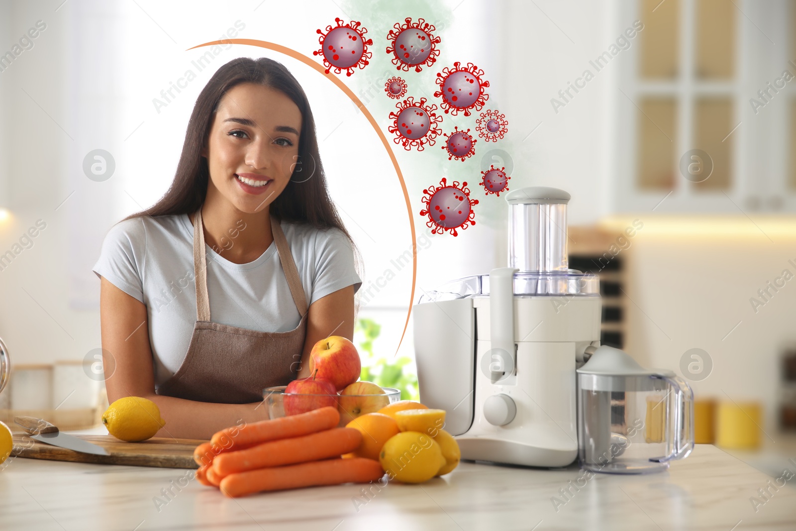 Image of Happy woman and ingredients for immunity boosting cocktail in kitchen. Protection against viruses