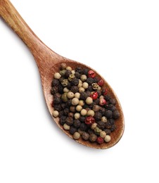 Aromatic spices. Different peppers in wooden spoon isolated on white, top view