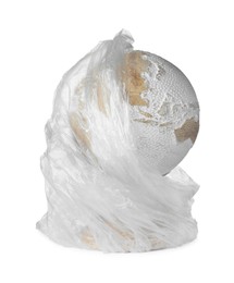 Photo of Globe in plastic bag isolated on white. Environmental protection concept