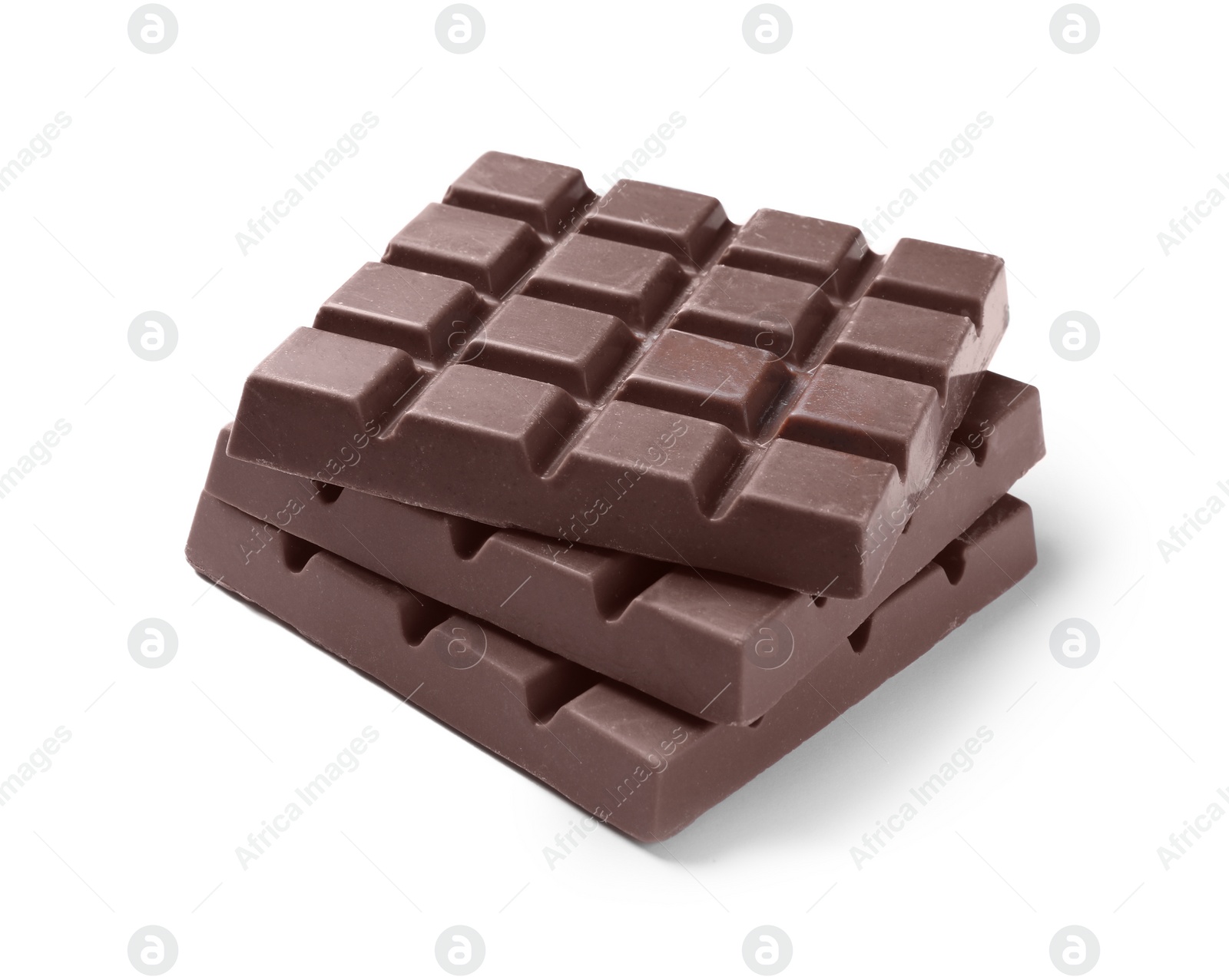 Photo of Delicious milk chocolate bars isolated on white