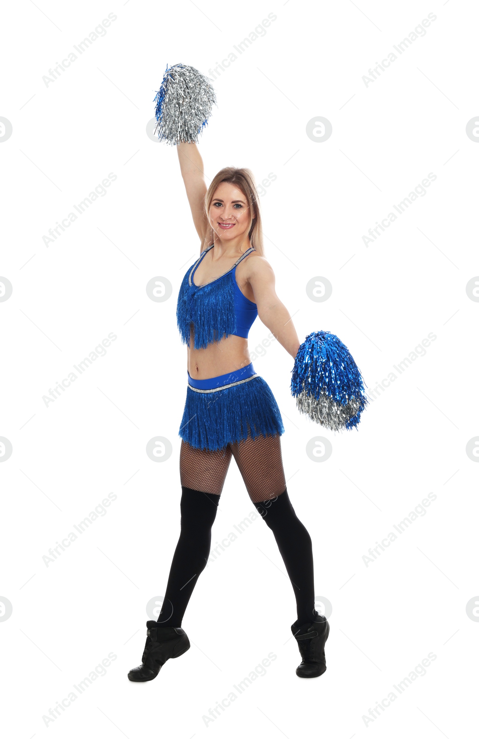 Photo of Beautiful cheerleader in costume holding pom poms on white background