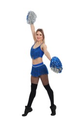 Beautiful cheerleader in costume holding pom poms on white background