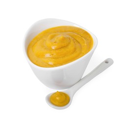 Fresh tasty mustard sauce in bowl and spoon isolated on white