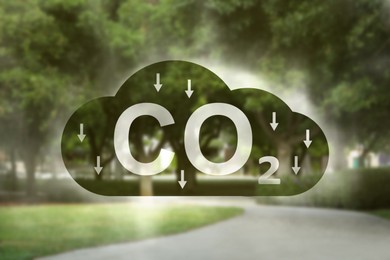 Image of Reduce CO2 emissions. Illustration of cloud with CO2 inscription and arrows and beautiful park