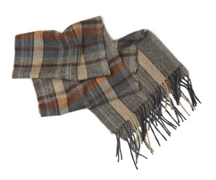 Stylish checkered cashmere scarf isolated on white, top view