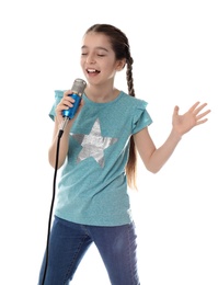 Photo of Cute girl singing in microphone on white background