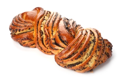 Photo of Tasty sweet bun with poppy seeds on white background