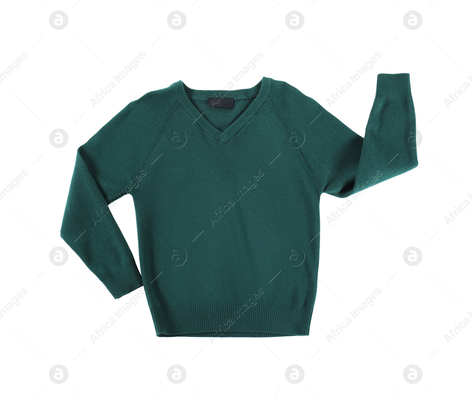 Photo of Green pullover isolated on white, top view. Stylish school uniform