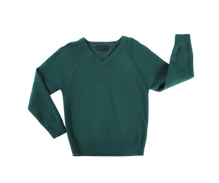 Green pullover isolated on white, top view. Stylish school uniform