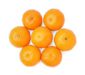 Fresh ripe juicy tangerines isolated on white, top view