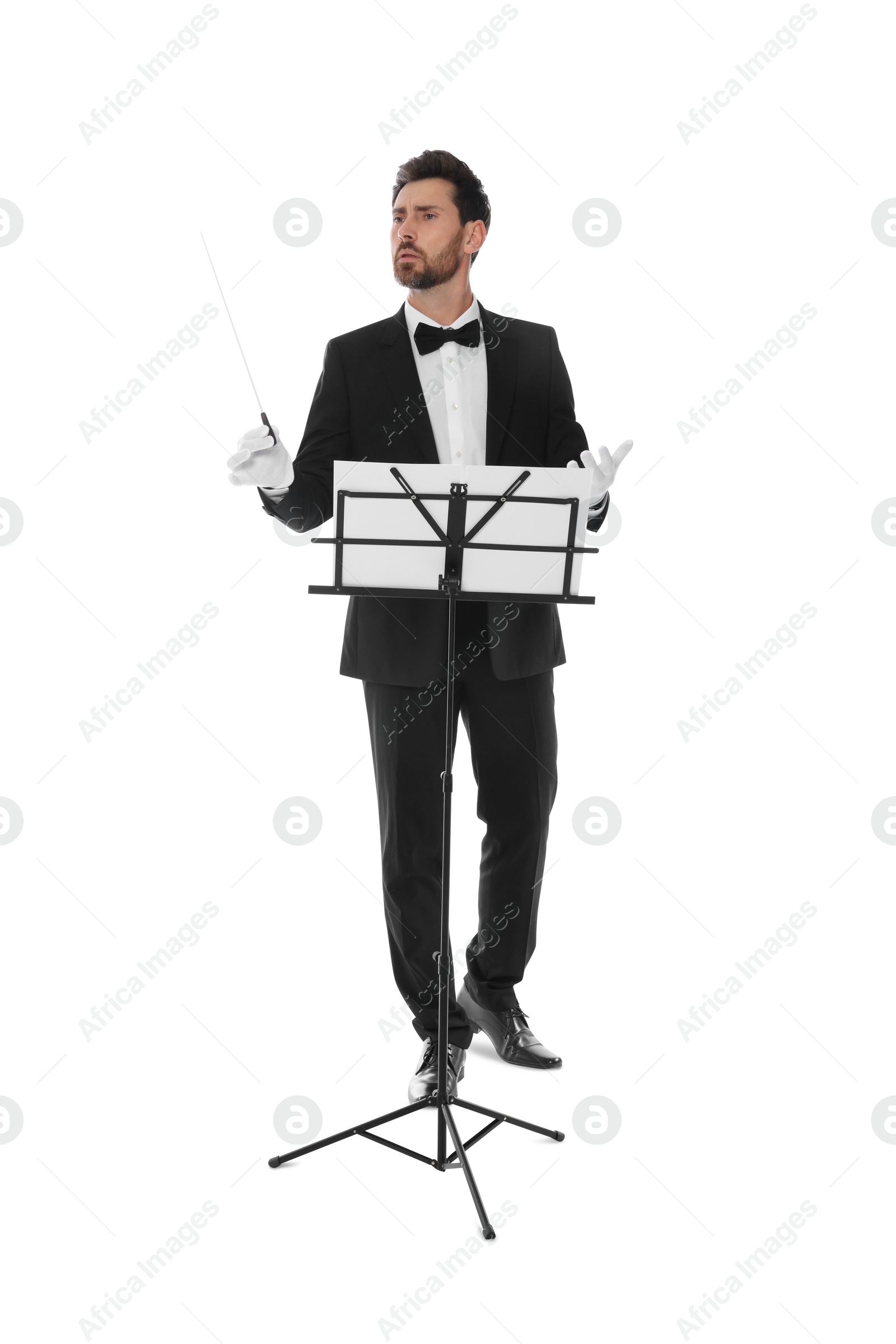 Photo of Professional conductor with baton and note stand on white background