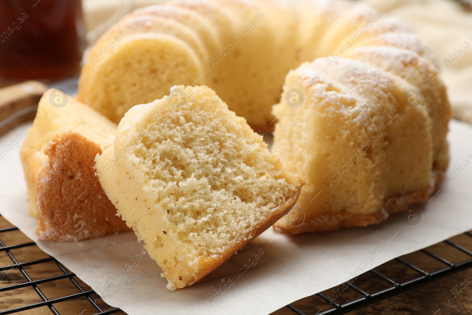 Photo of Delicious freshly baked sponge cake on table, closeup