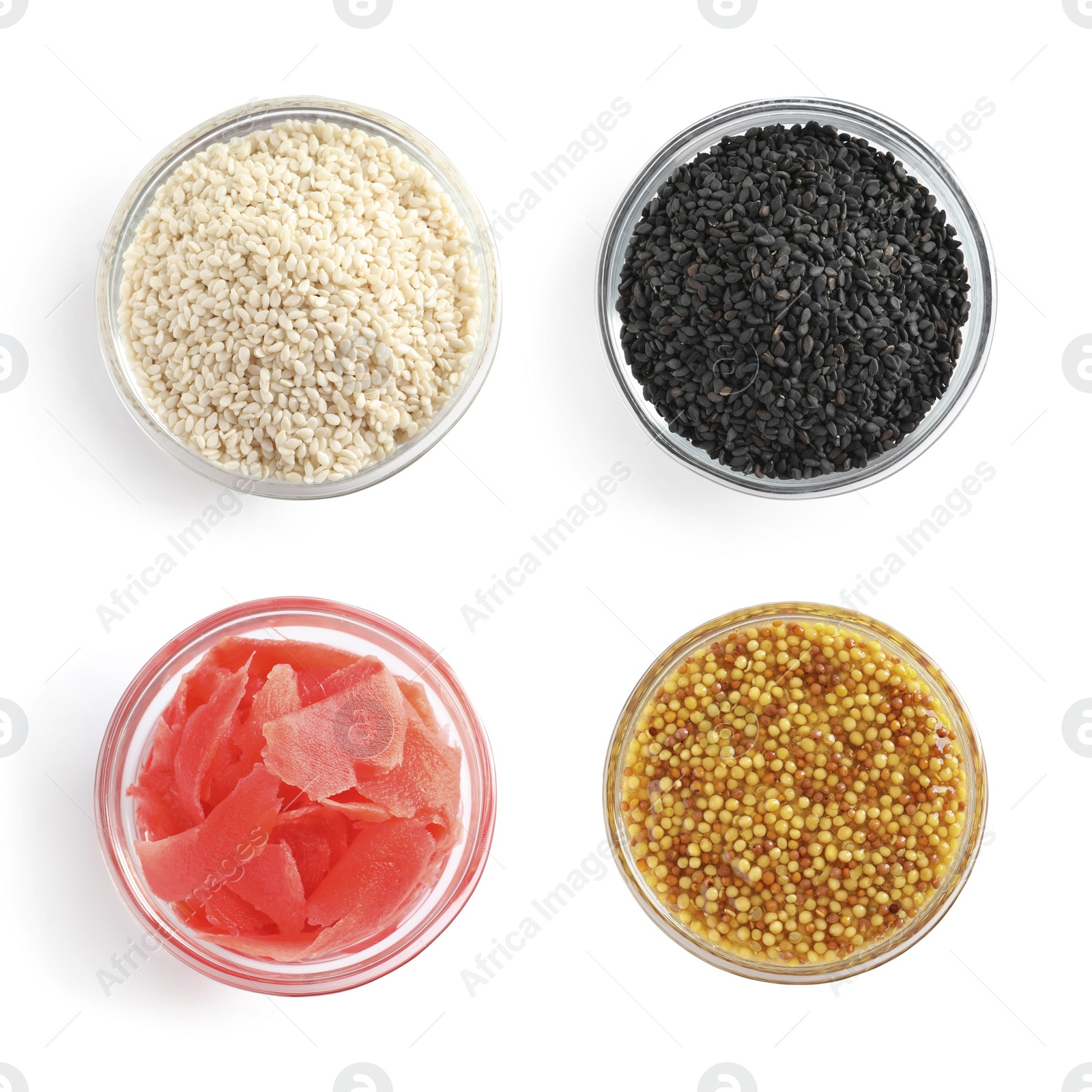 Image of Set of different delicious sauce and condiments on white background, top view