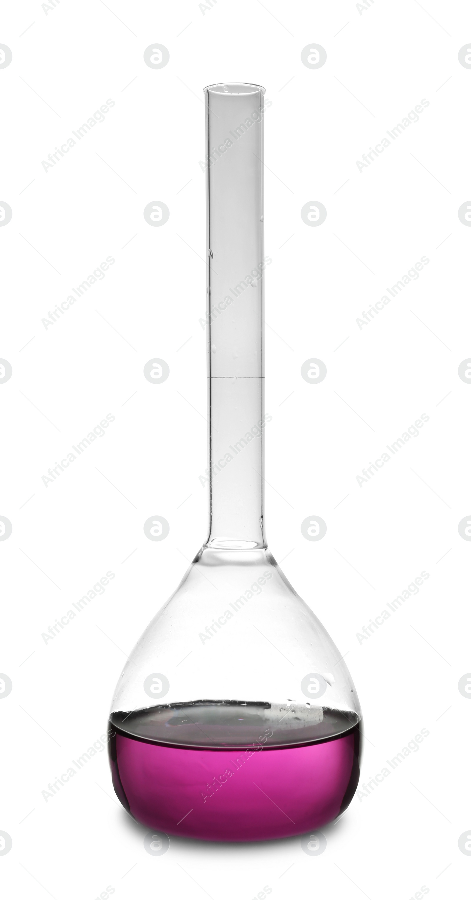 Image of Glass volumetric flask with purple liquid sample isolated on white. Laboratory analysis
