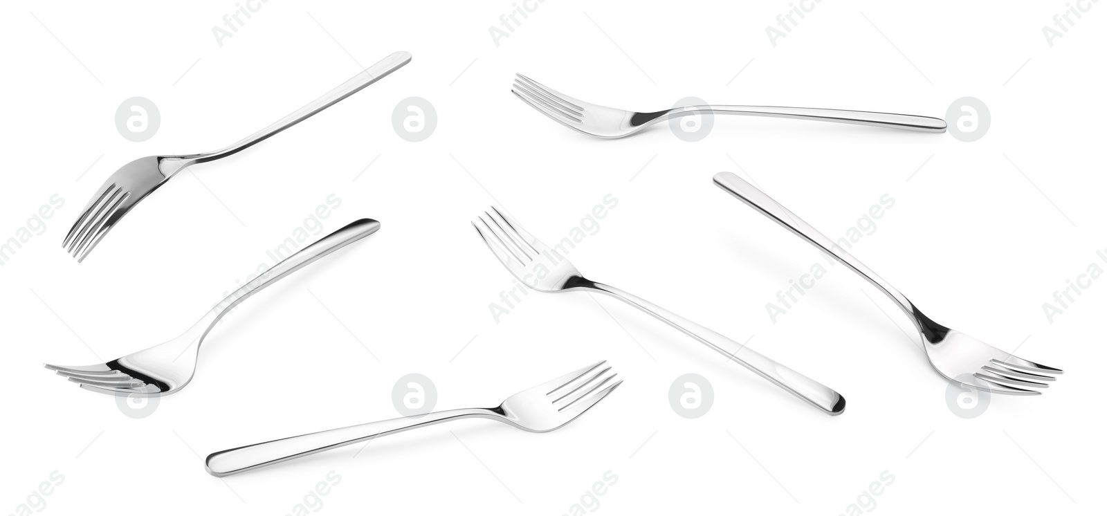 Image of Shiny silver forks isolated on white, set