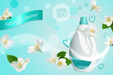 Fabric softener advertising design. Bottle of eco conditioner and jasmine flowers on light blue background