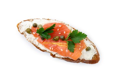 Photo of Tasty canape with salmon, capers and cream cheese isolated on white, top view