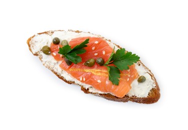 Tasty canape with salmon, capers and cream cheese isolated on white, top view