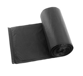 Photo of Roll of black garbage bags on white background. Cleaning supplies