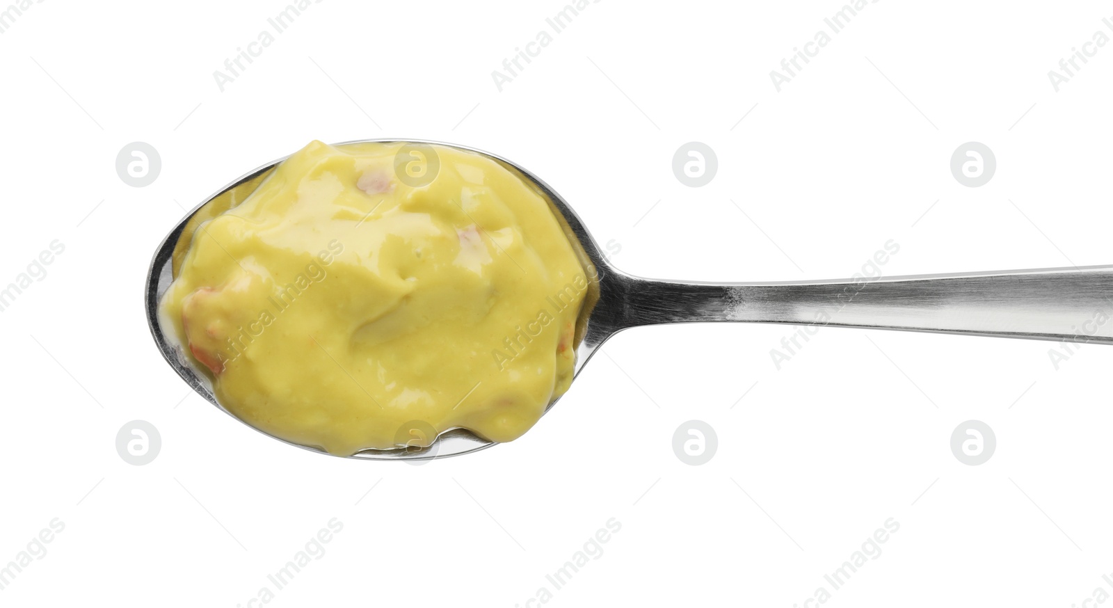 Photo of Spoon with delicious guacamole sauce isolated on white, top view