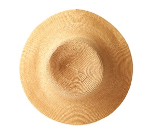 Stylish summer hat on white background. Beach accessory