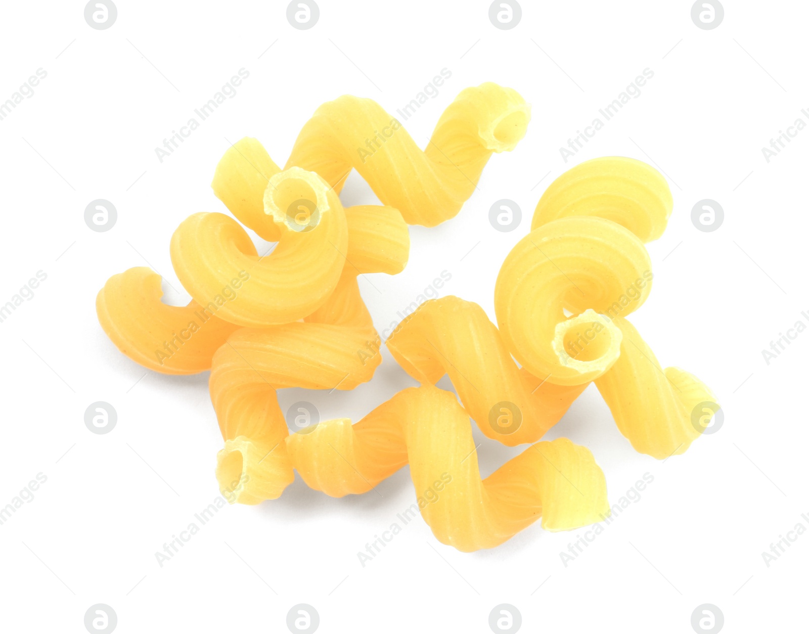 Photo of Raw cavatappi pasta isolated on white, top view