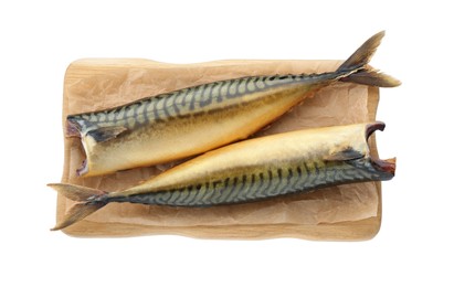 Delicious smoked mackerels on white background, top view