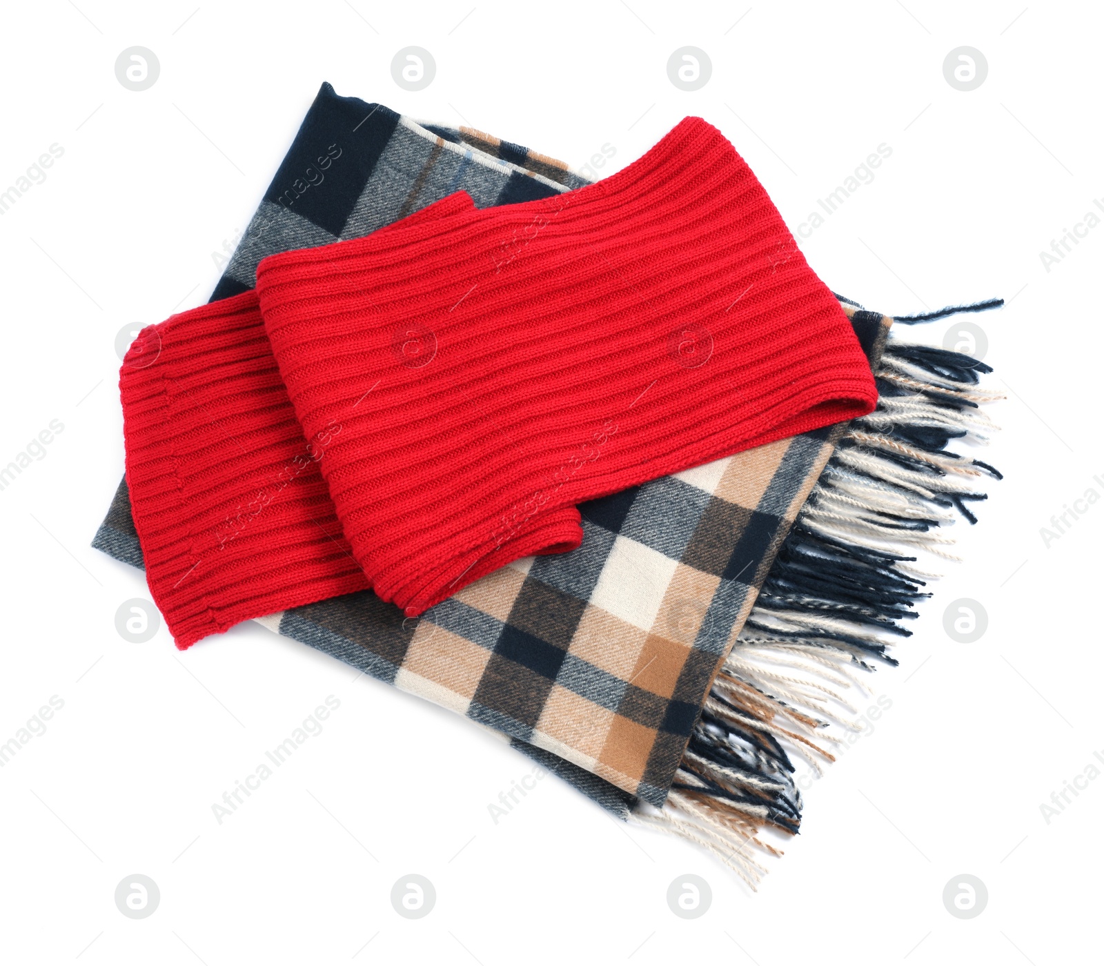 Photo of Two beautiful stylish scarfs on white background, top view