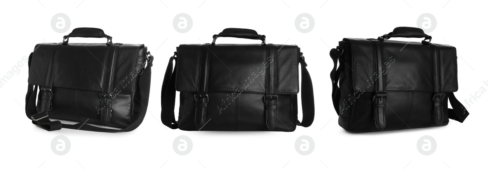 Image of Set of stylish black leather briefcases on white background. Banner design