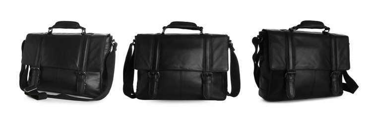 Set of stylish black leather briefcases on white background. Banner design