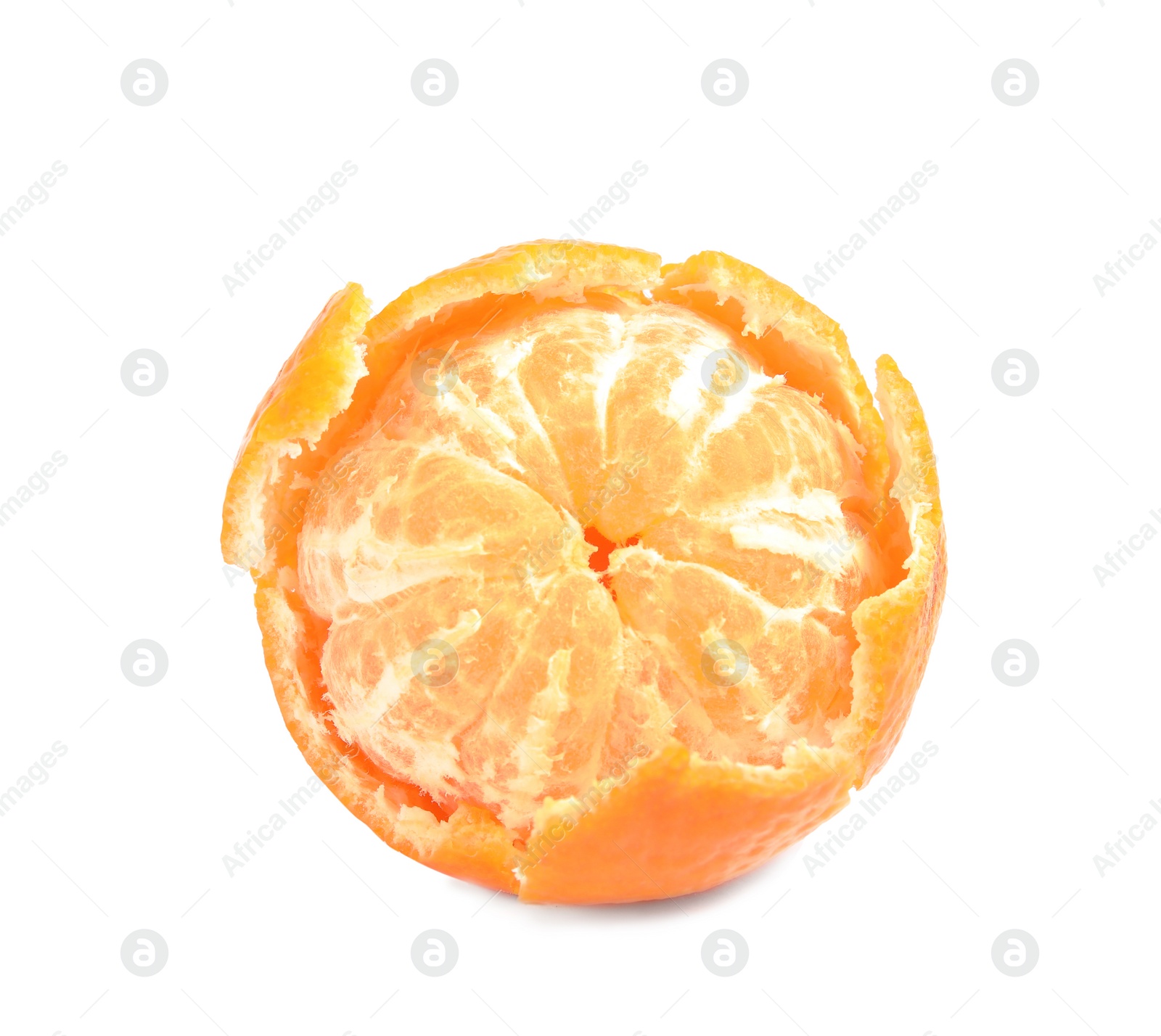 Photo of Peeled ripe tangerine on white background. Citrus fruit