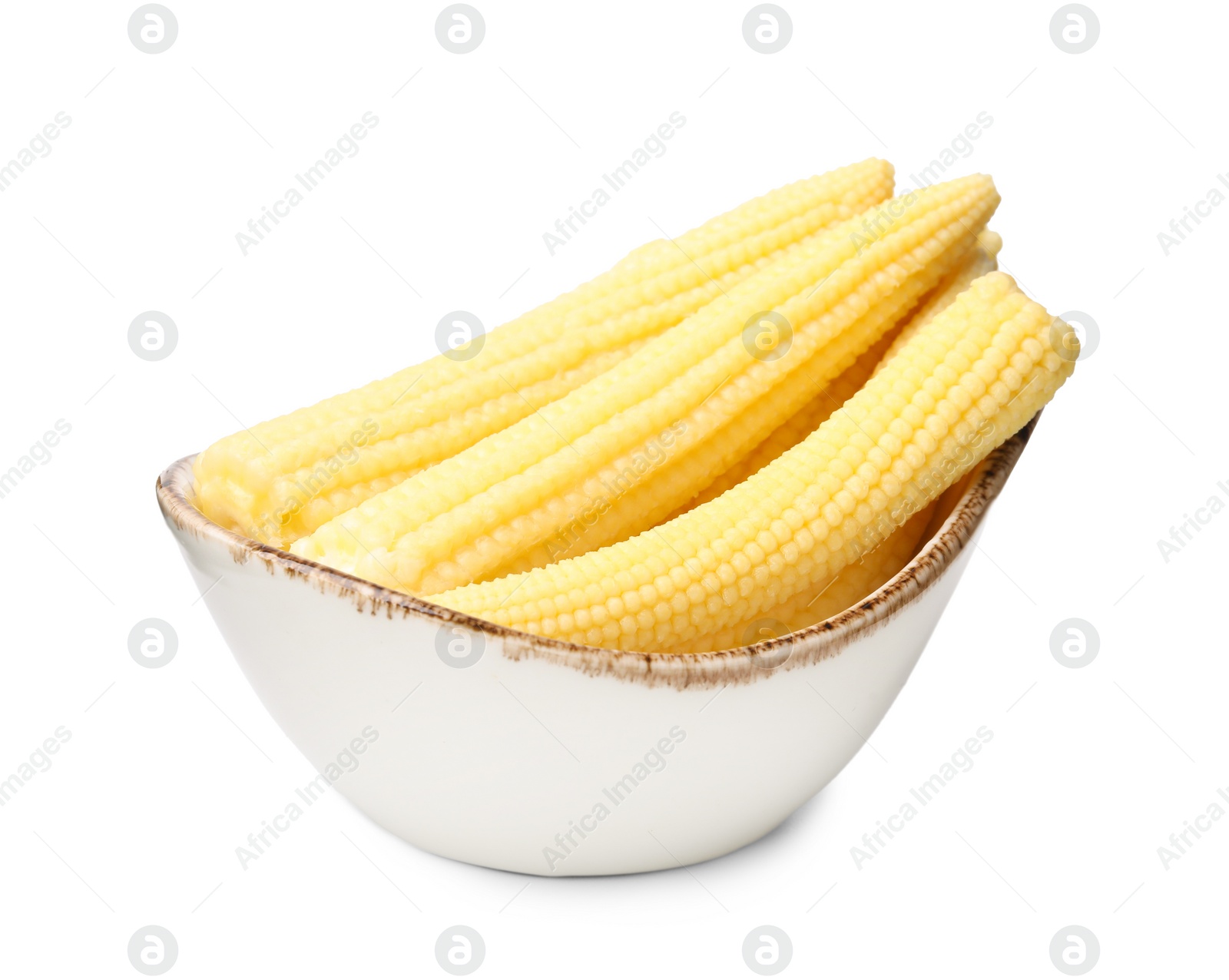 Photo of Tasty fresh yellow baby corn in bowl isolated on white