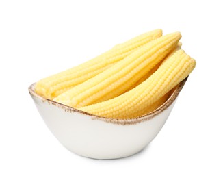 Photo of Tasty fresh yellow baby corn in bowl isolated on white