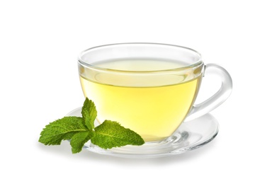 Photo of Cup with hot aromatic mint tea on white background