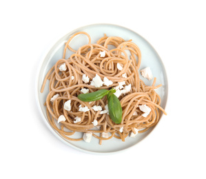 Photo of Tasty buckwheat noodles isolated on white, top view