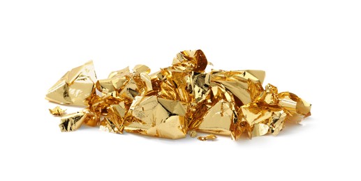 Photo of Pile of edible gold leaf on white background