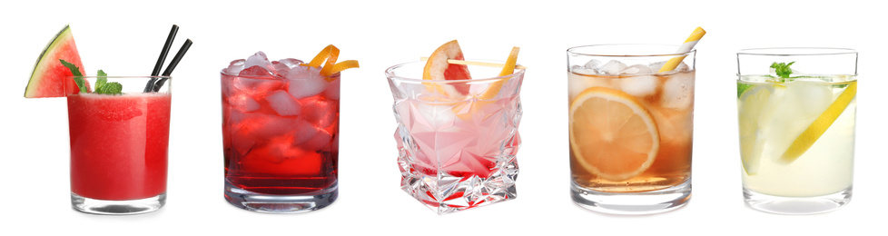 Image of Set of different soft and strong refreshing drinks on white background. Banner design