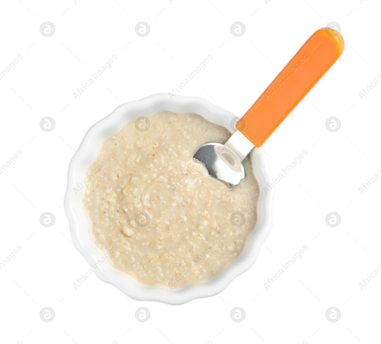 Photo of Bowl of healthy baby food on white background, top view