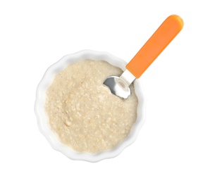 Photo of Bowl of healthy baby food on white background, top view