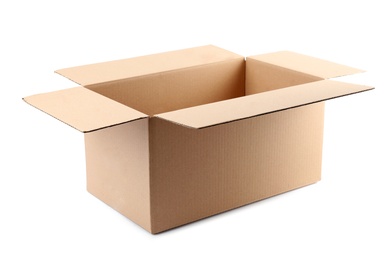 Photo of Open cardboard box on white background. Mockup for design