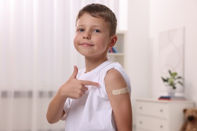 Photo of Boy pointing at sticking plaster after vaccination on his arm indoors