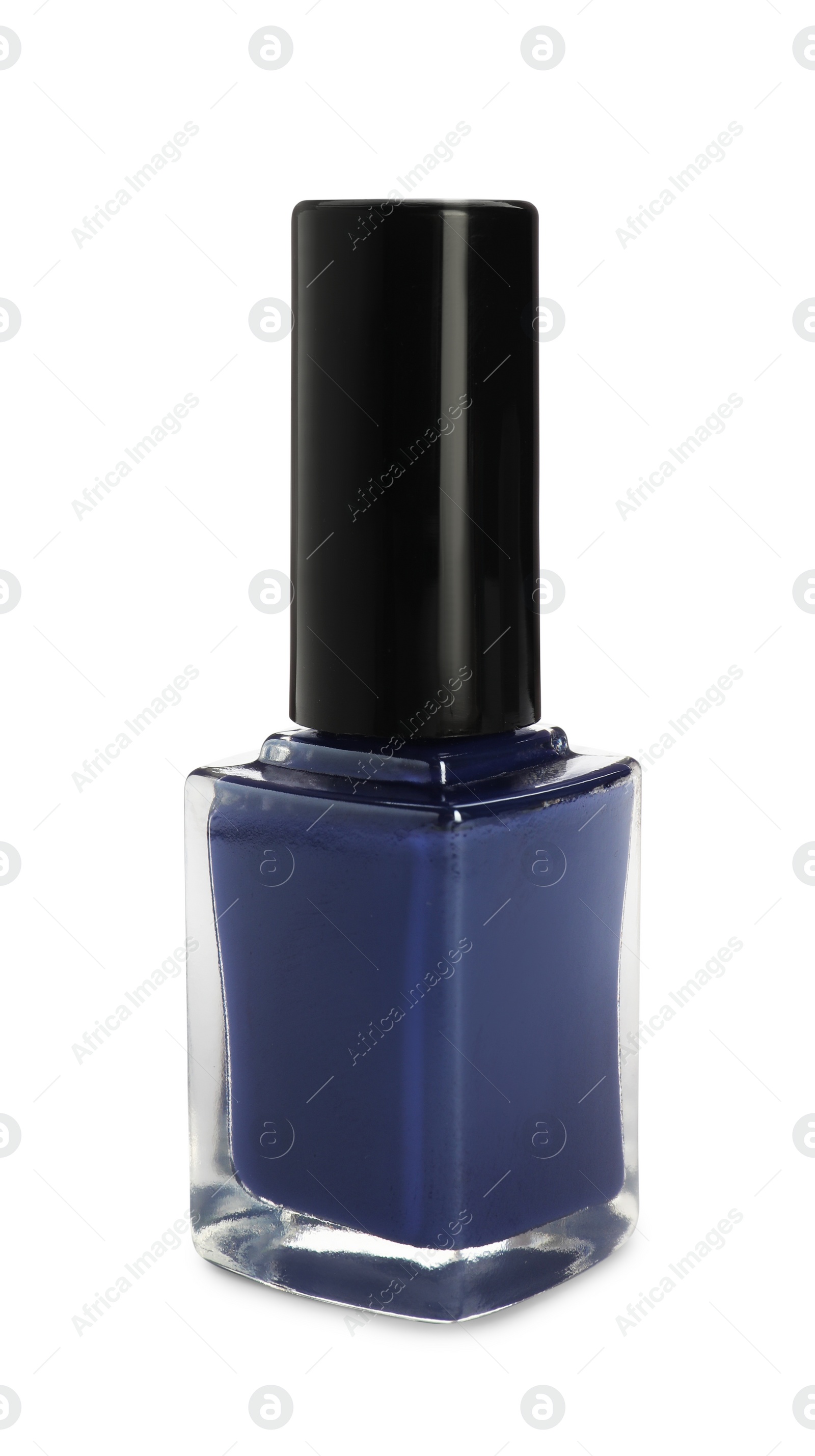 Photo of Blue nail polish in bottle isolated on white